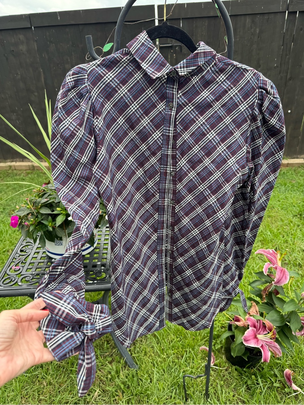 Veronica Beard Plaid Tie Sleeve Puff Shoulder Button Front Blouse Size 6